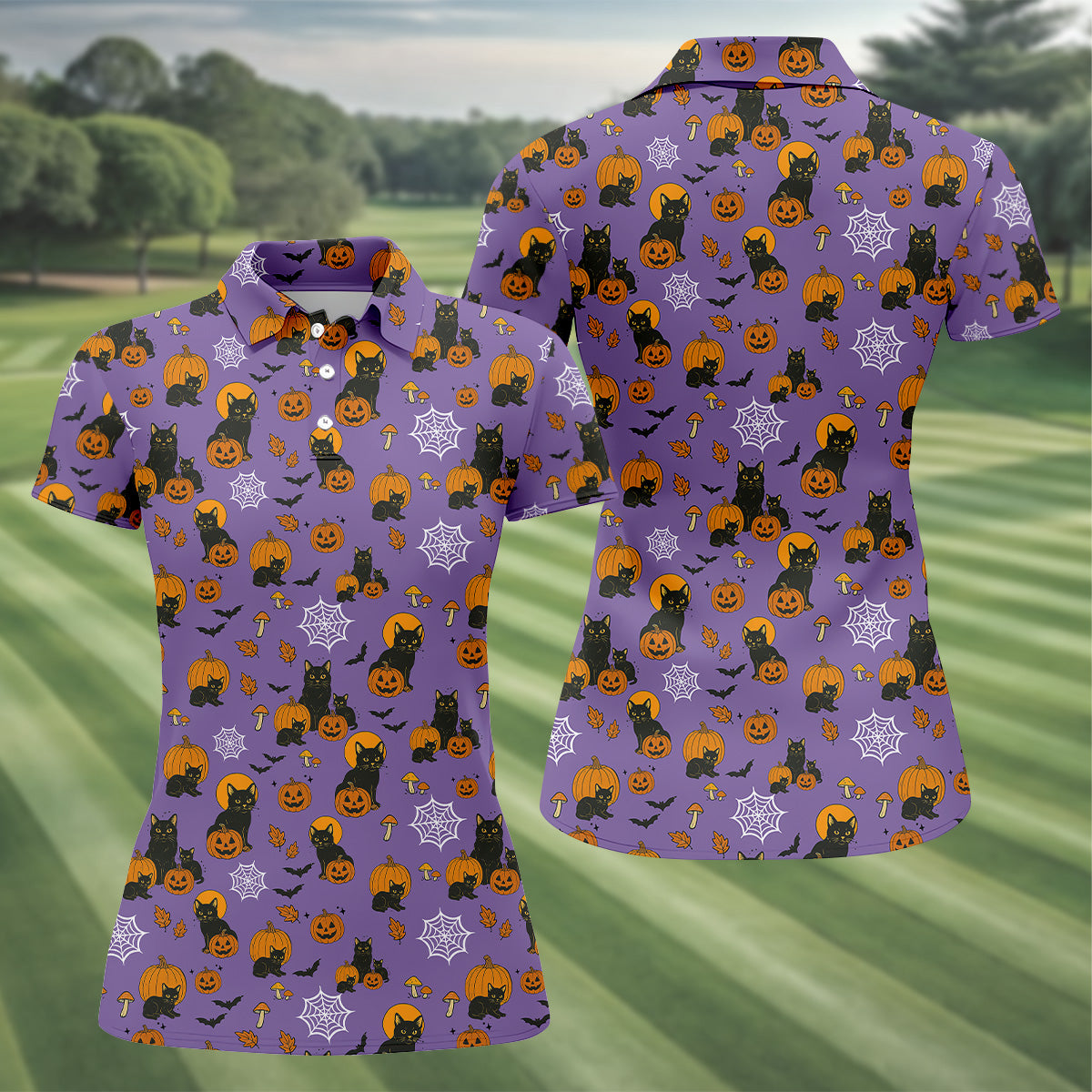 Halloween Cat Pumpkin Purple Golf Shirt, Sleeveless Polo Shirtadies Golf Shirts, Golf Hoodie