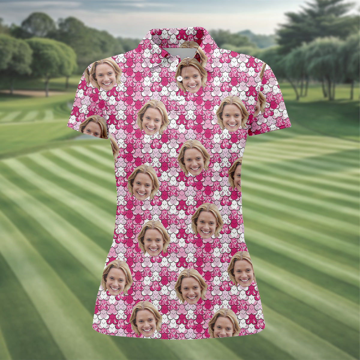 Custom Face Breast Cancer Golf Shirt, Women Golf Top, Ladies Golf Polos, Breast Cancer Awareness Shirt