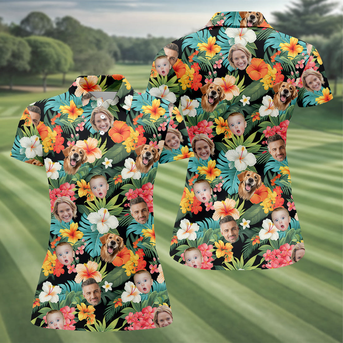 Hibiscus Hawaiian Shirt, Ladies Floral Shirt, Custom Face Shirt, Womens Hawaiian Golf Shirts, Ladies Golf Shirts