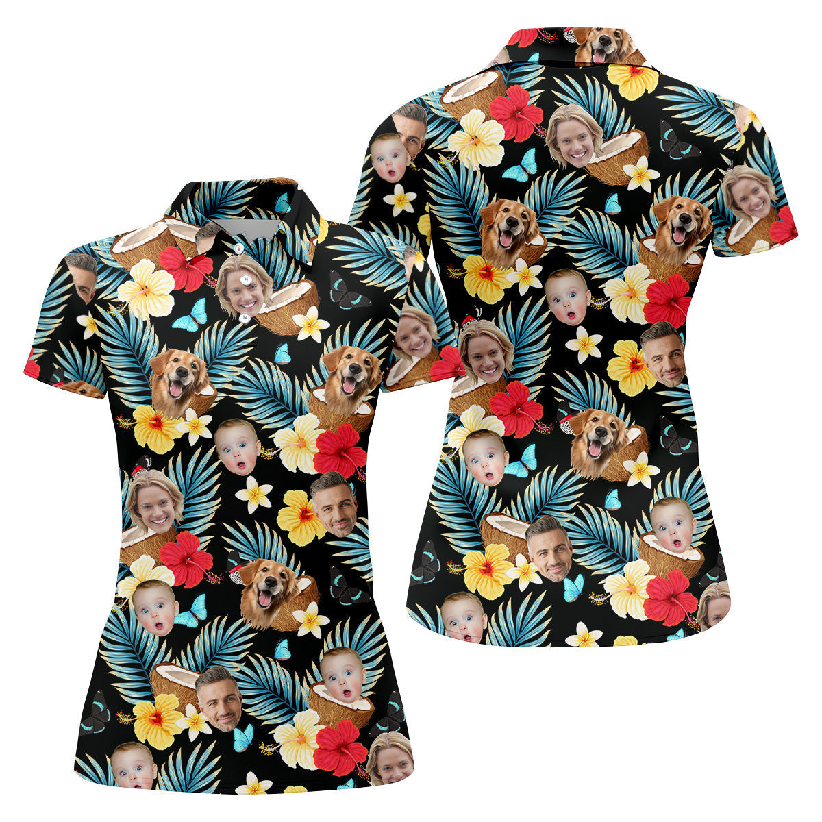 Red And Yellow Hibiscus, Womens Black Golf Shirt, Custom Face Shirt, Ladies Floral Shirt, Ladies Golf Polos