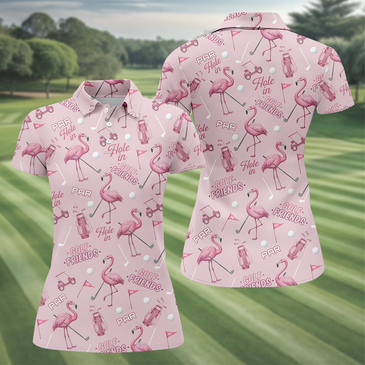 Pink Flamingo Customized Golf Polos, Ladies Sleeveless Tops, Ladies Golf Shirts, Golfing Apparel
