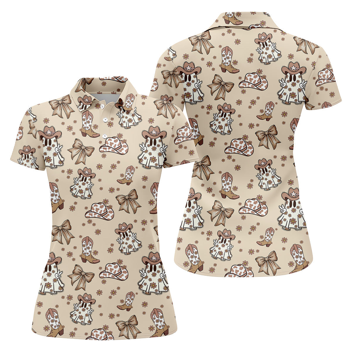 Coquette Halloween Cowboy Ghost Fun Womens Golf Shirts, Ladies Sleeveless Polo, Ladies Golf Shirts