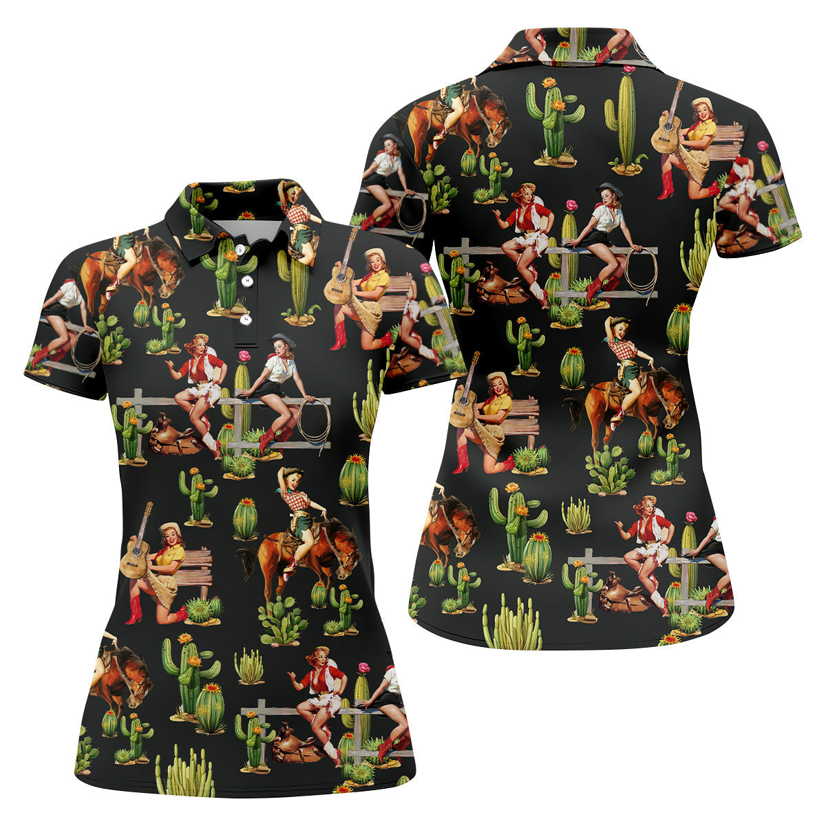 Vintage Cowgirl Black Women's Golf Polo, Western Rodeo Women Golf Top, Cute Golf Outfit, Golfing Apparel