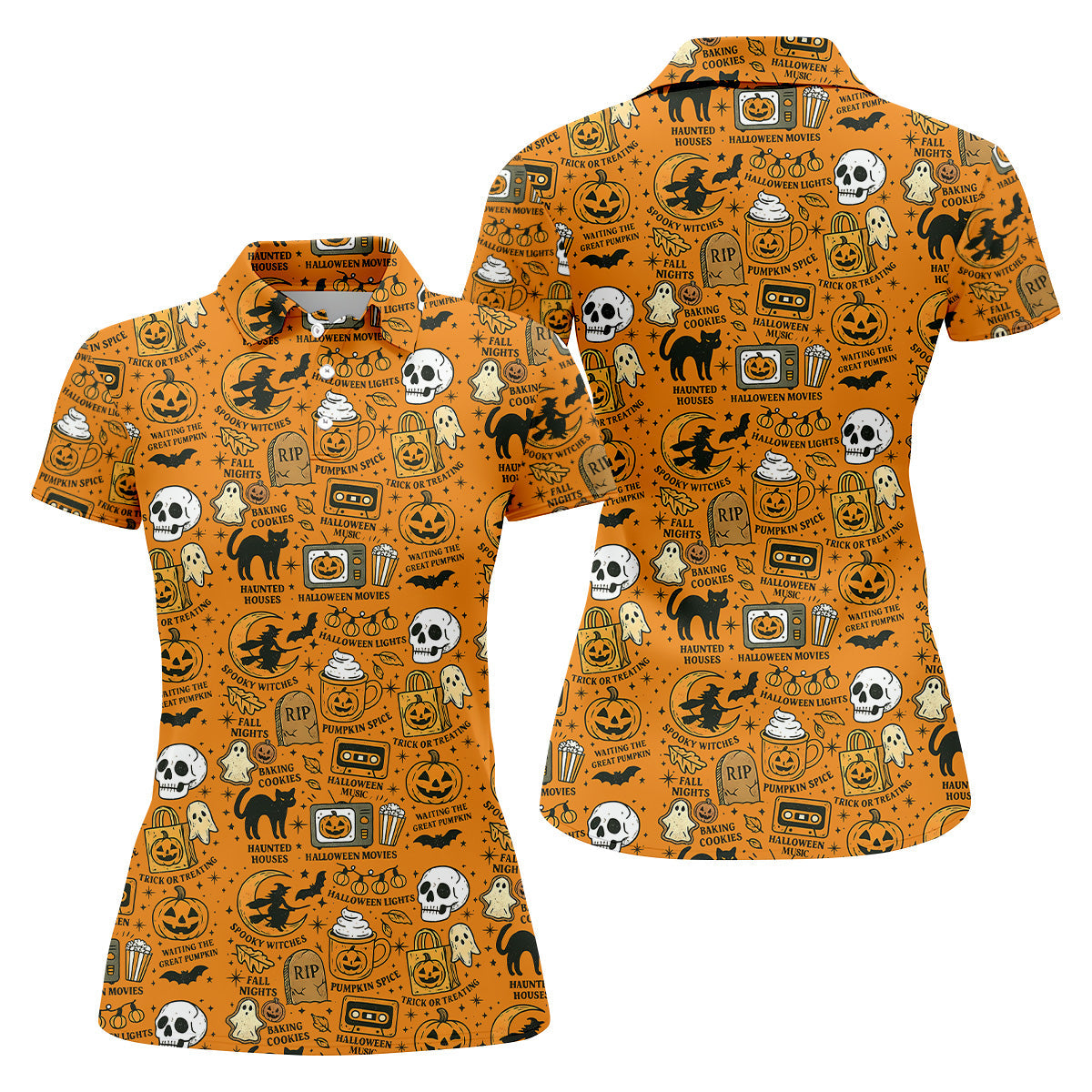 Orange Halloween Cat Golf Polo Shirtloween Theme Shirts, Ladies Golf Shirts, Golfing Apparel