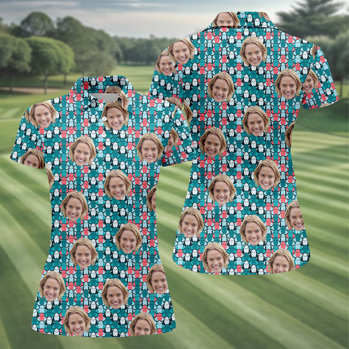 Custom Face Green And Pink Fun Women Golf Shirt, Ladies Sleeveless Polo, Golfing Apparel