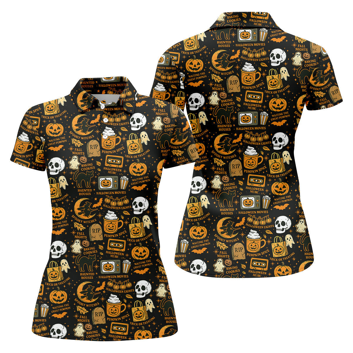 Vintage Halloween Cat Golf Polo Shirtloween Theme Shirts, Ghost Pumpkin Ladies Golf Shirts, Golfing Apparel