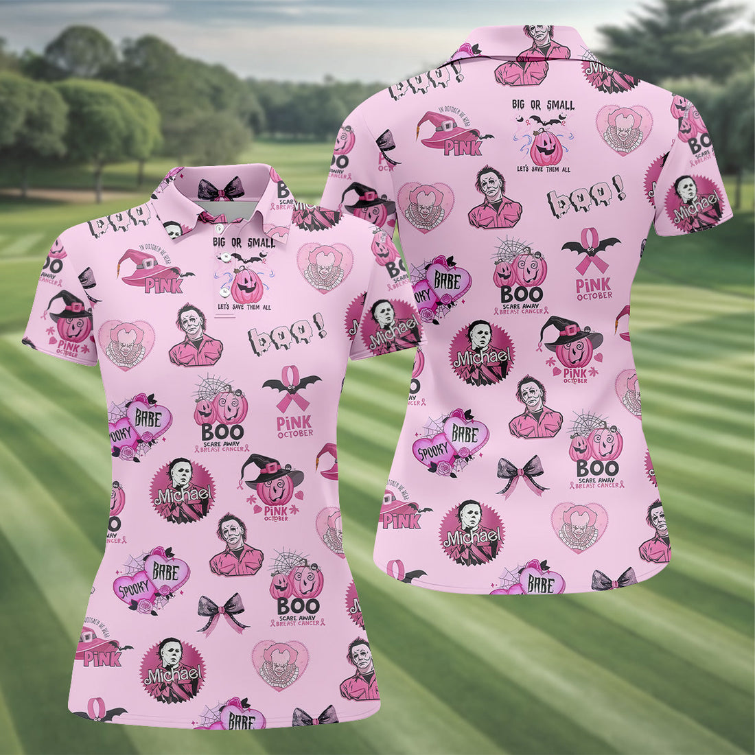 Funny Michael Horror Character Women Golf Shirt, Pink October Shirt, Halloween Golf Shirt, Ladies Golf Shirt