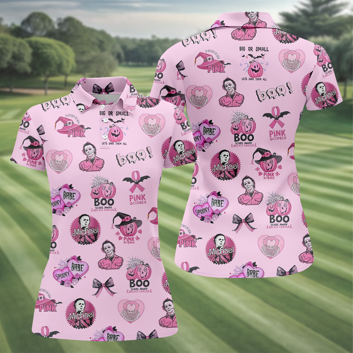 Funny Michael Horror Character Women Golf Shirt, Pink October Shirt, Halloween Golf Shirt, Ladies Golf Shirt