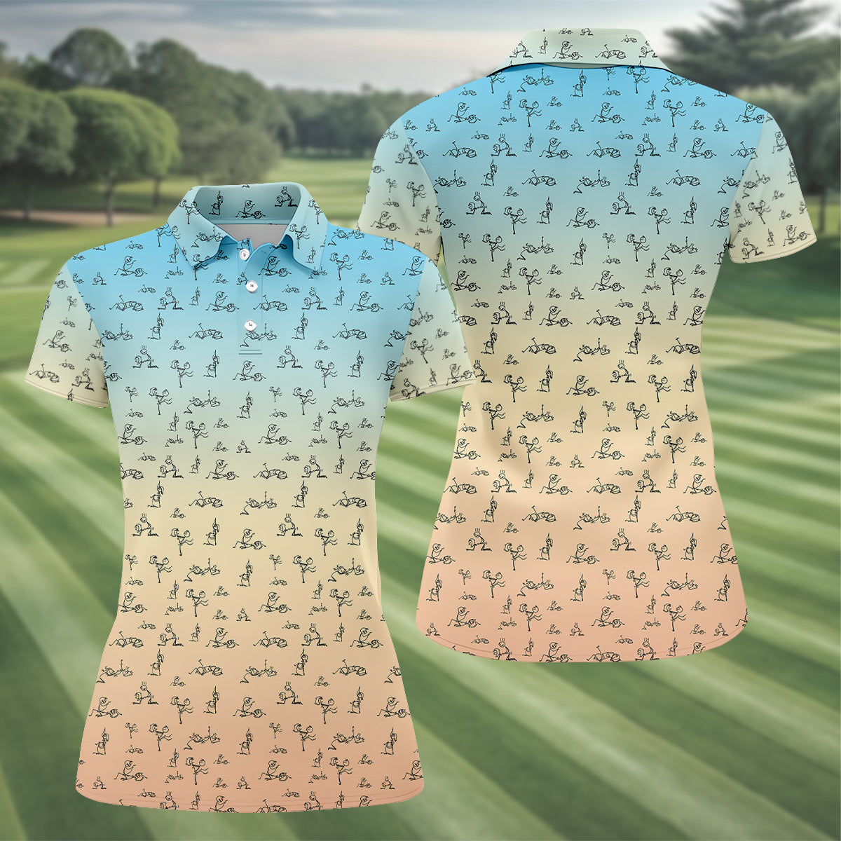 Stickman Couple Blue Orange Fun Womens Golf Shirts, Ladies Sleeveless Tops, Ladies Golf Polos