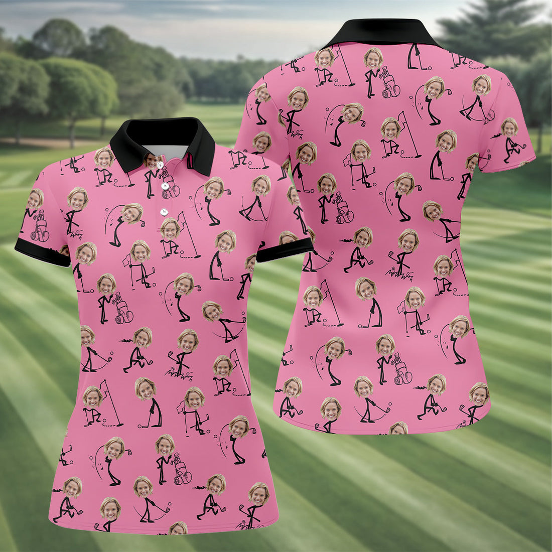 Funny Stickman Pink Custom Face Golf Shirt, Ladies Sleeveless Polo, Women's Polo Shirt