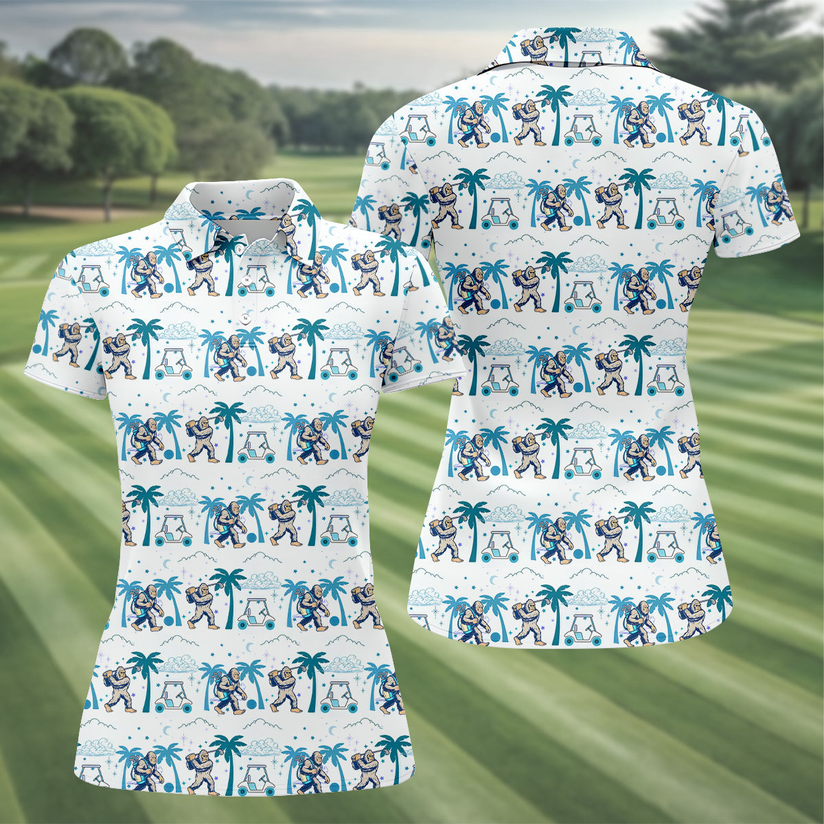 Funny Tropical Golf Cart Bigfoot Golf Shirt, Ladies Sleeveless Polo, Womens Golf Shirts, Golfing Apparel