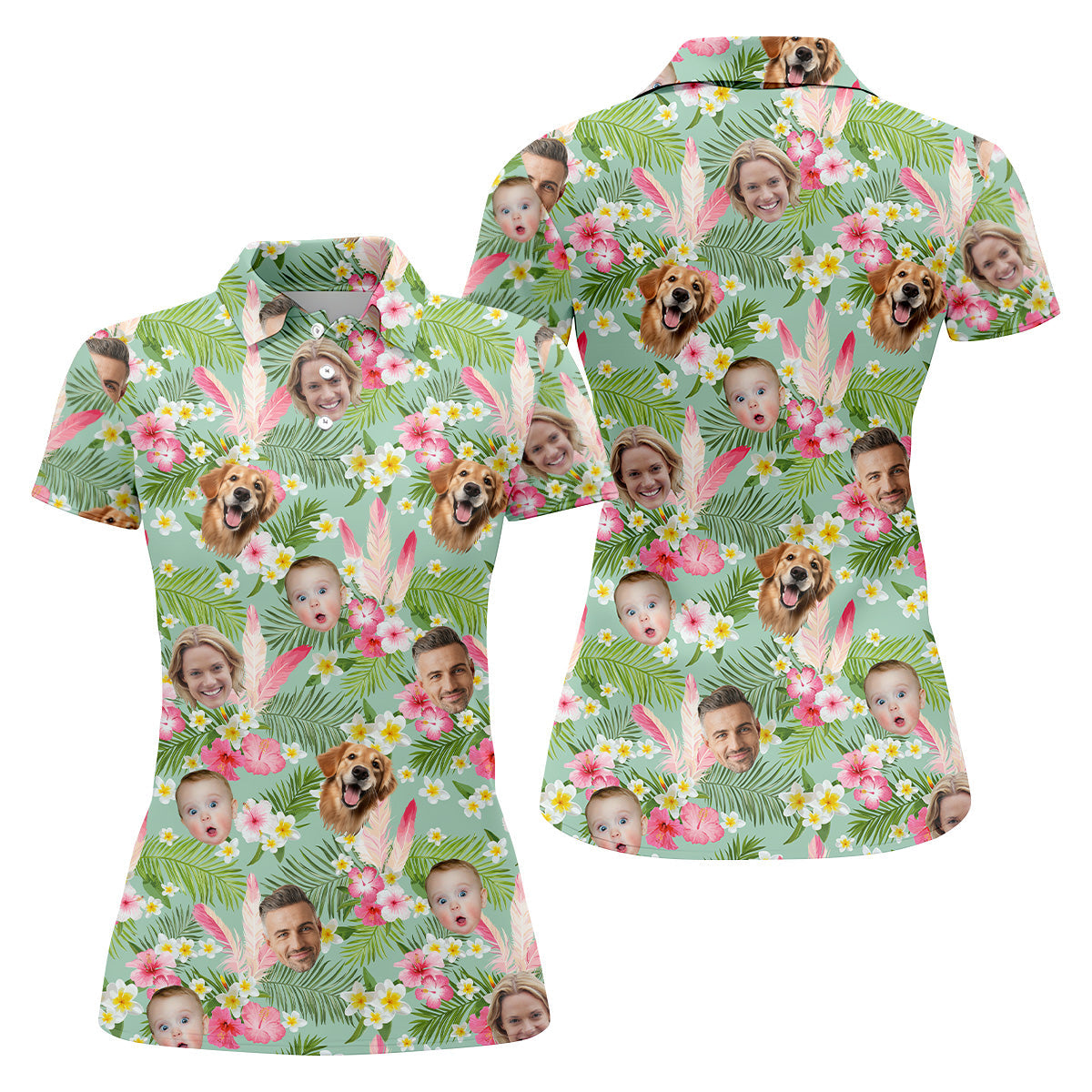 Hibiscus Hawaiian Shirt, Green Hawaiian Shirt, Custom Face Shirt, Womens Long Sleeve Golf Shirts, Ladies Golf Shirts
