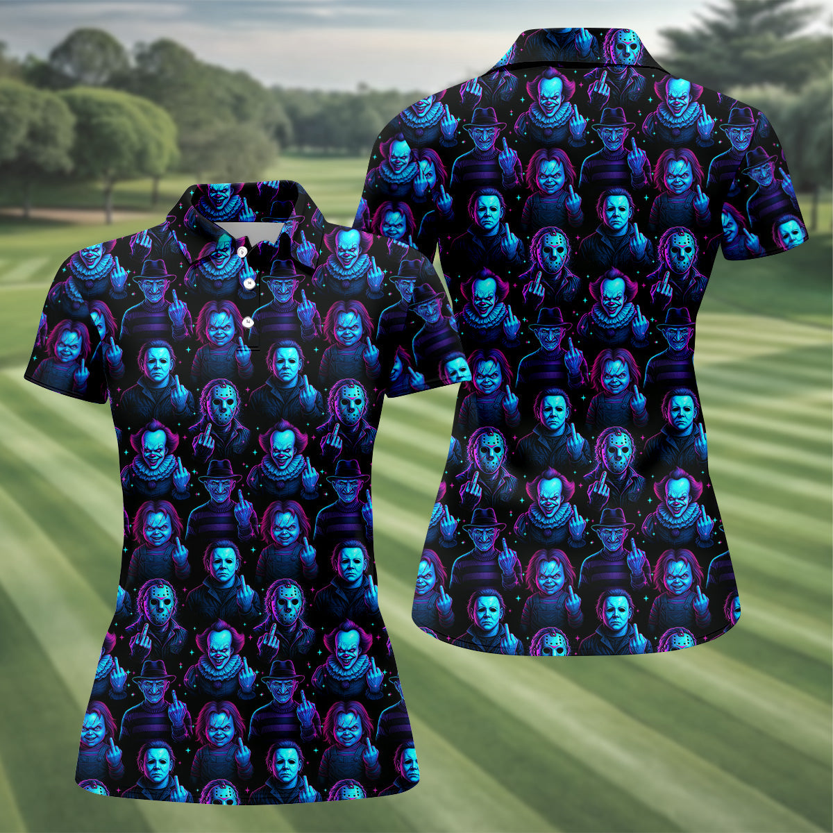 Funny Middle Finger Women Golf Shirt, Horror Character Shirt, Halloween Golf Shirt, Scary Halloween Shirts