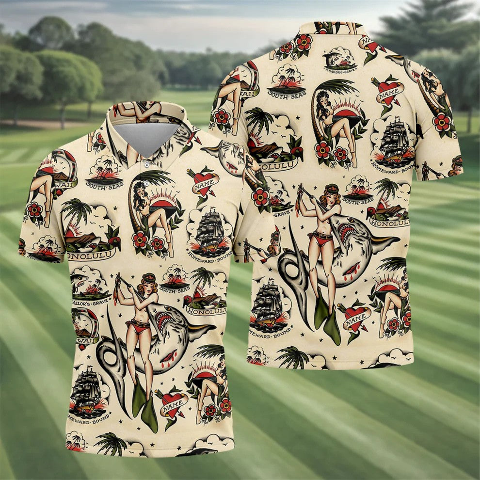 Vintage Hawaiian Pin Up Shark Tattoo Golf Shirt, Hawaiian Golf Shirt, Mens Golf Apparel