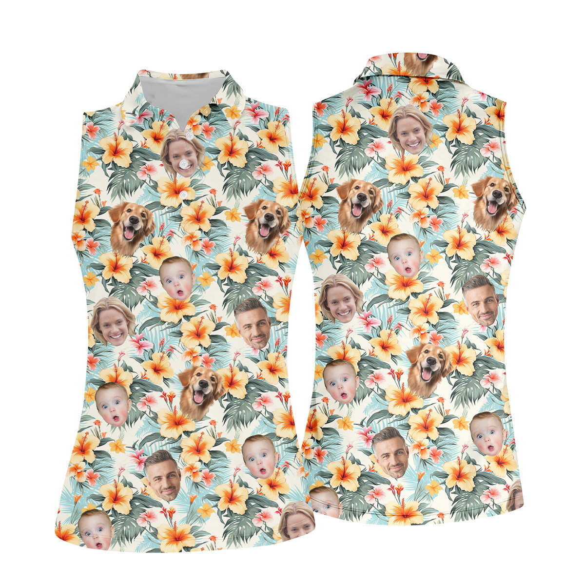 Yellow Hibiscus Flower Hawaiian Golf Shirt, Custom Face Shirt, Womens Sleeveless Polo, Ladies Golf Shirts