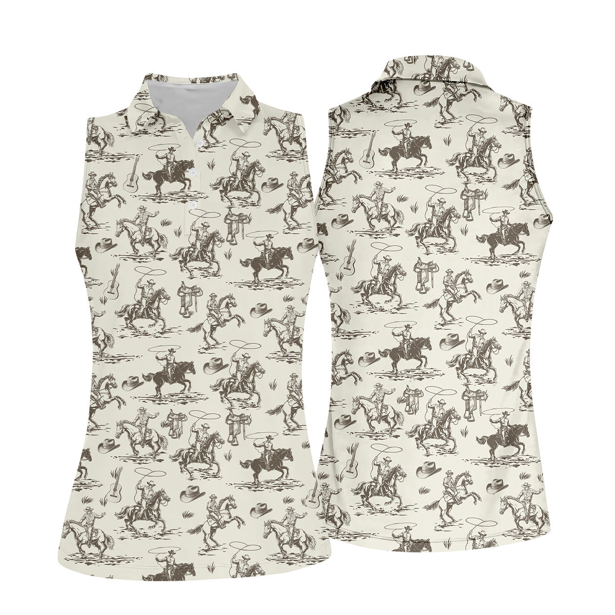 Cowboy Ride Horse Ladies Sleeveless Polo, Golf Polo ShirtLadies Golf Shirts, Golfing Apparel