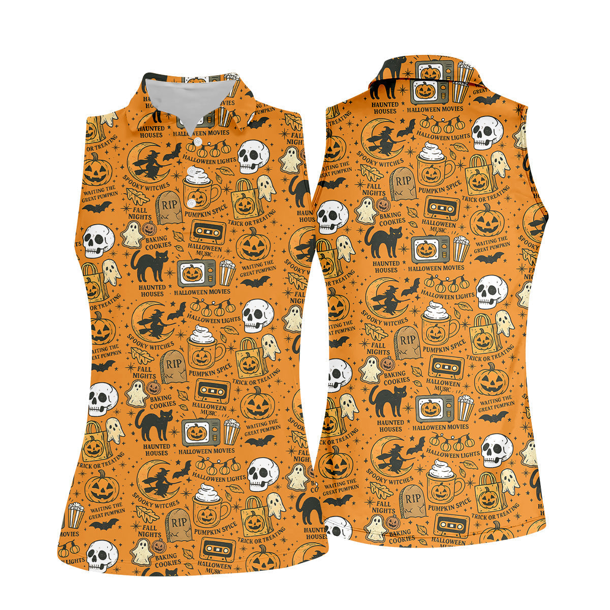 Orange Halloween Cat Golf Polo Shirtloween Theme Shirts, Ladies Golf Shirts, Golfing Apparel