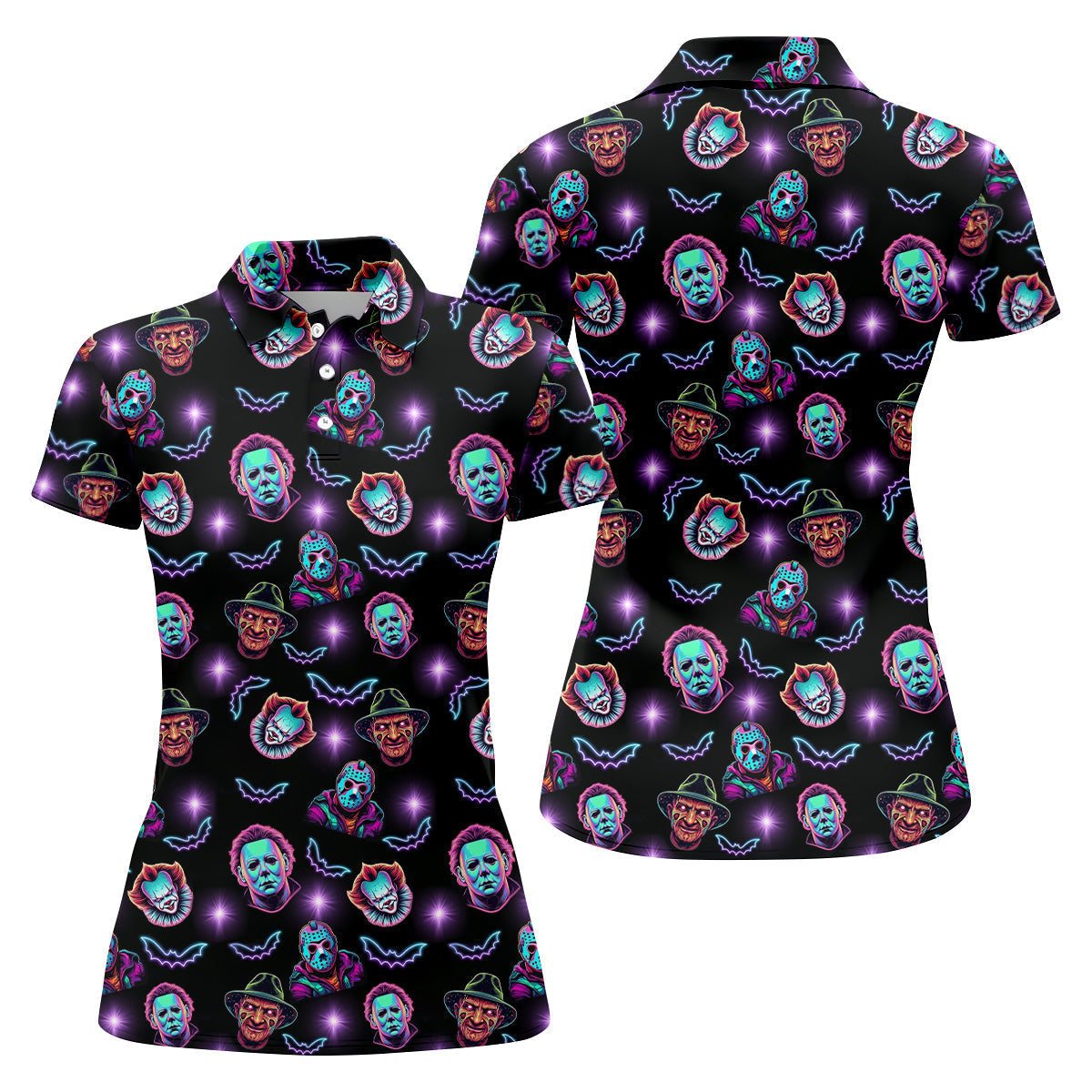 Funny Horror Character Women Golf Shirt, Horror Character Neon Shirt, Halloween Golf Shirt, Ladies Golf Shirt