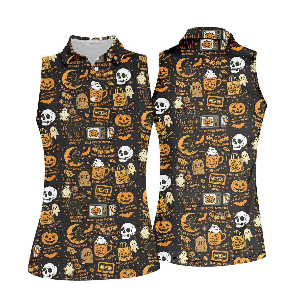 Vintage Halloween Cat Golf Polo Shirtloween Theme Shirts, Ghost Pumpkin Ladies Golf Shirts, Golfing Apparel