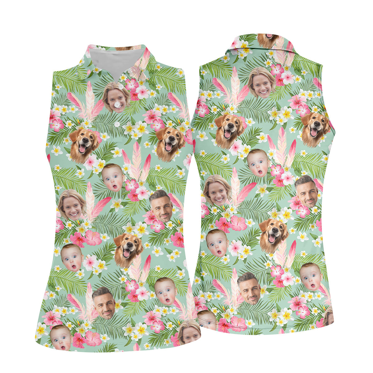 Hibiscus Hawaiian Shirt, Green Hawaiian Shirt, Custom Face Shirt, Womens Long Sleeve Golf Shirts, Ladies Golf Shirts