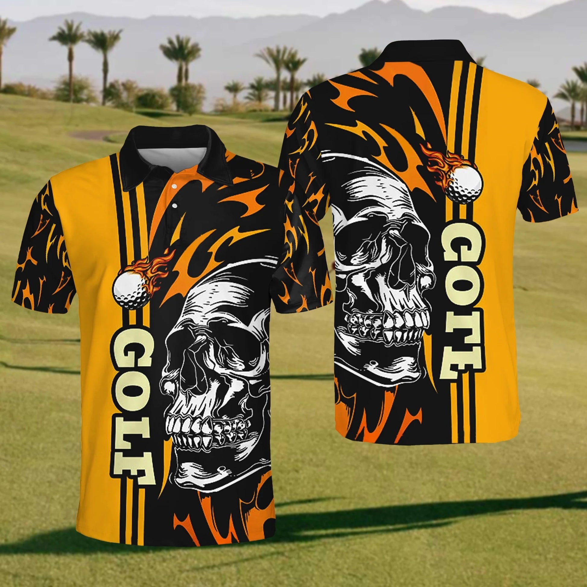 Skull On Fire Mens Golf Polo ShirtMens Golf Gift, Golf Lover Gift