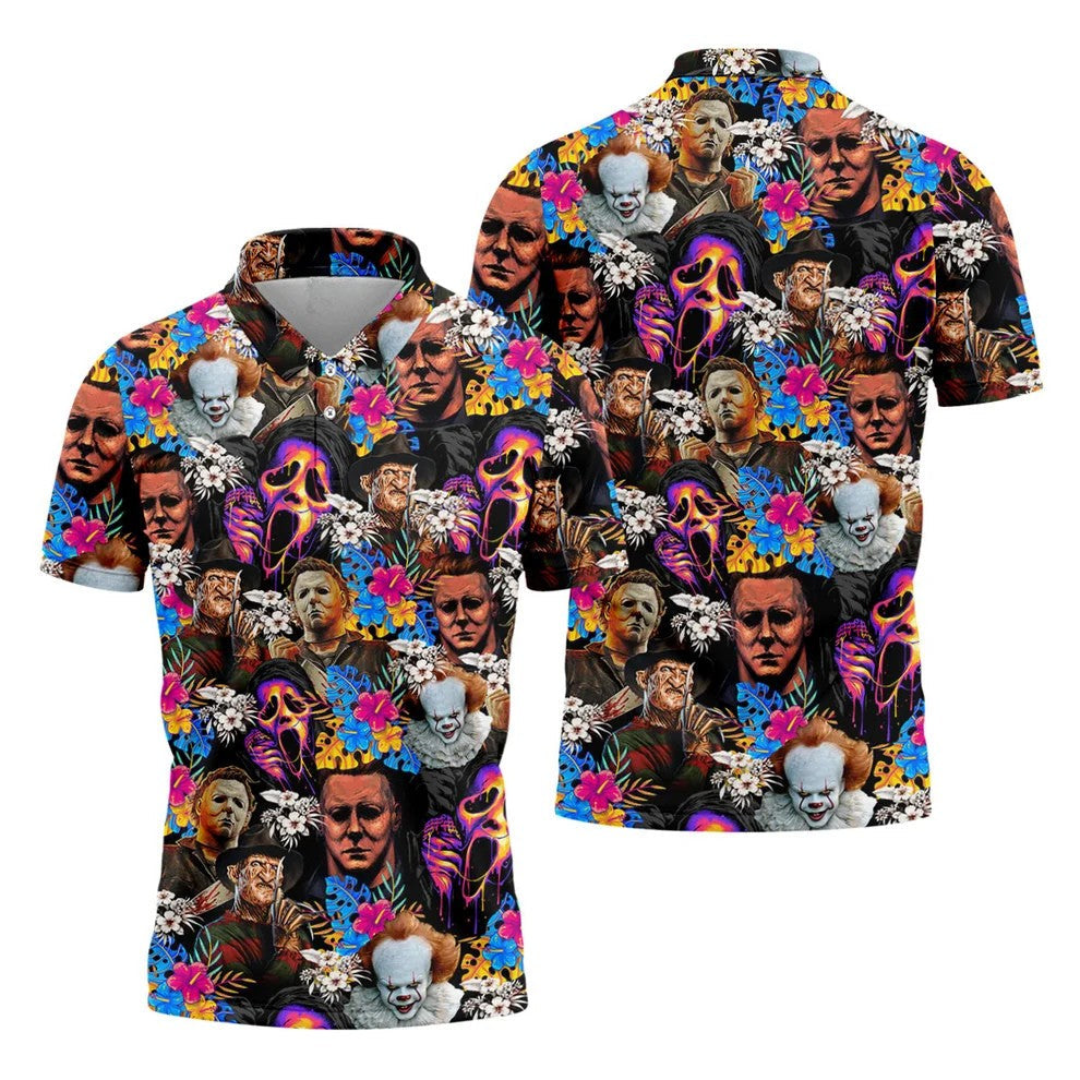 Tropical Horror Character Hawaiian Golf Shirt, Men's Golf Shirt, Halloween Golf Polo