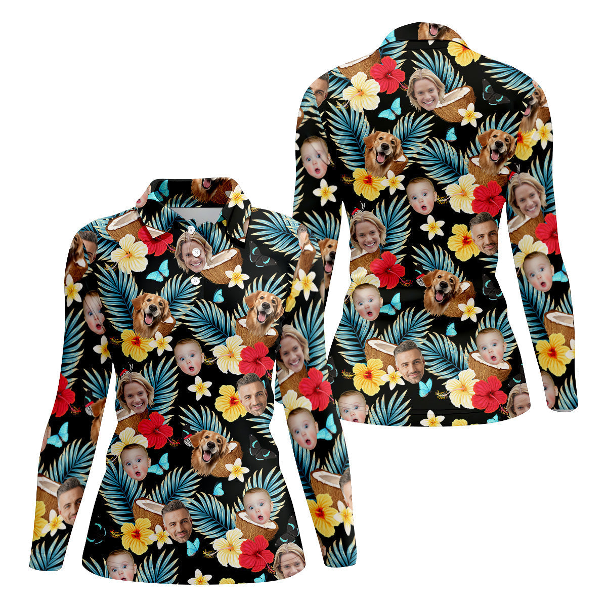 Red And Yellow Hibiscus, Womens Black Golf Shirt, Custom Face Shirt, Ladies Floral Shirt, Ladies Golf Polos