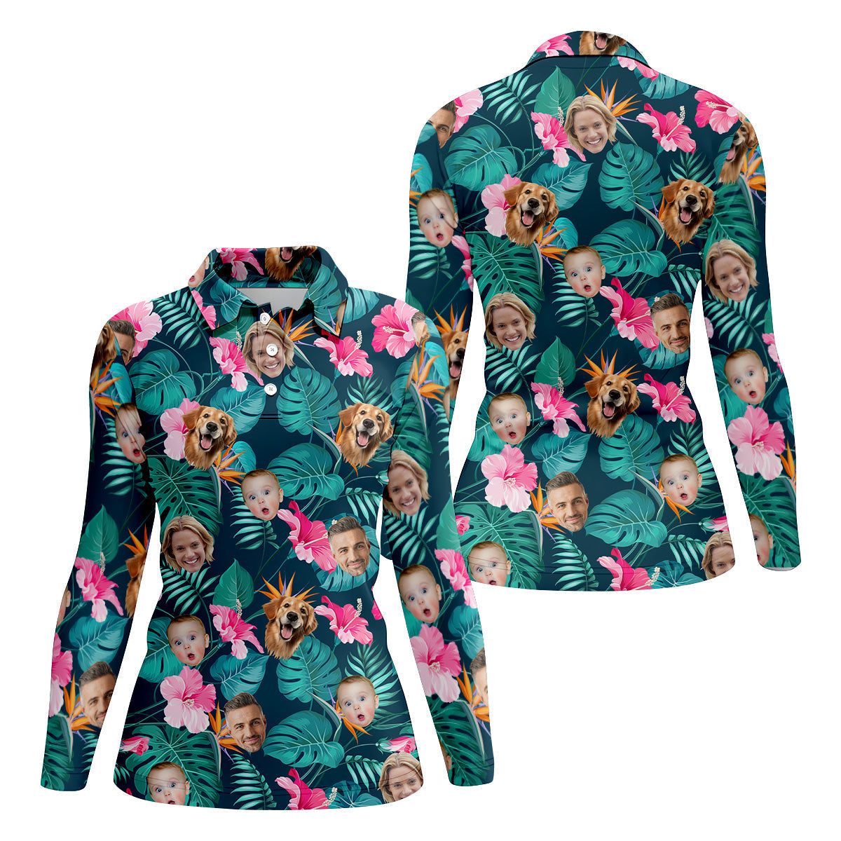 Palm Leaf Pattern, Hibiscus Shirt, Green Hawaiian Shirt, Custom Face Shirt, Women Polo, Ladies Golf Shirts