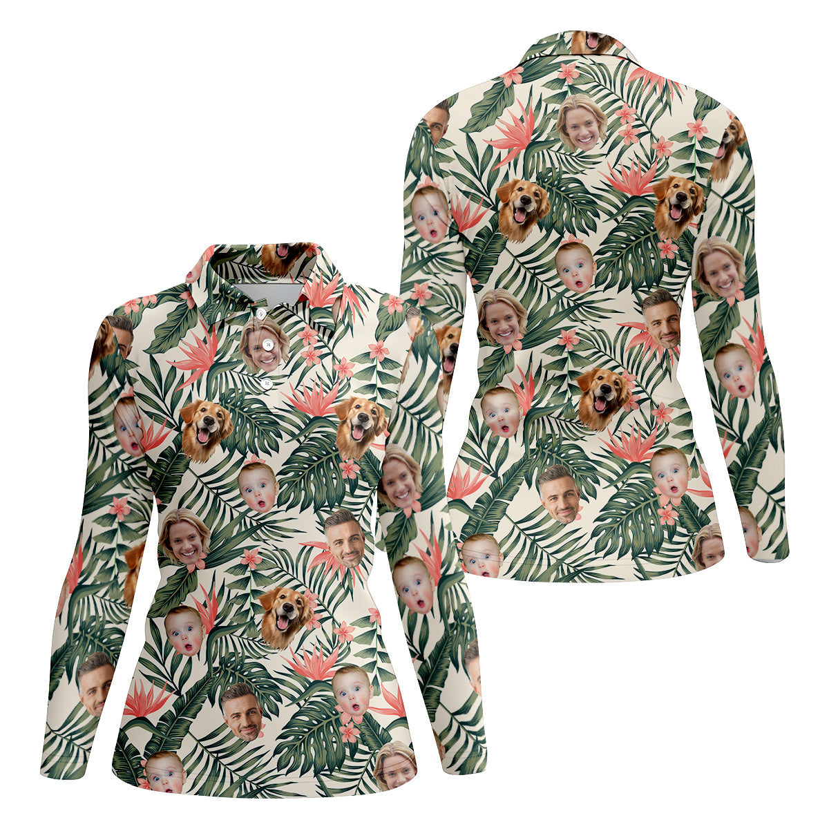 Tropical Floral Pattern Custom Hawaiian Shirts With Face, Womens Hawaiian Golf Shirts, Ladies Golf Shirts