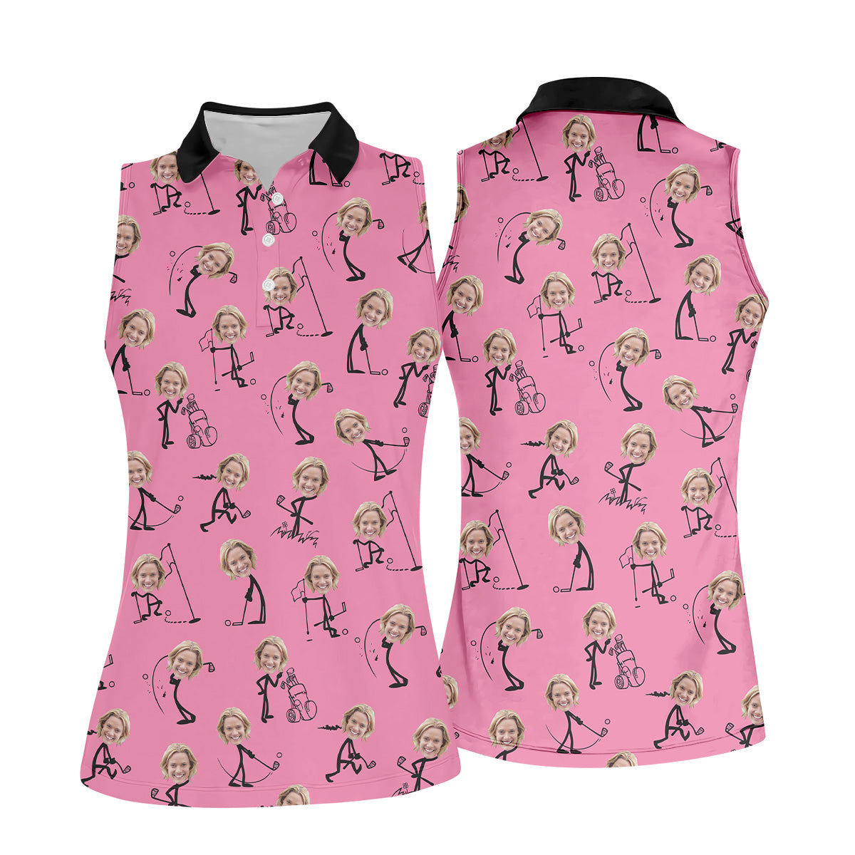 Funny Stickman Pink Custom Face Golf Shirt, Ladies Sleeveless Polo, Women's Polo Shirt