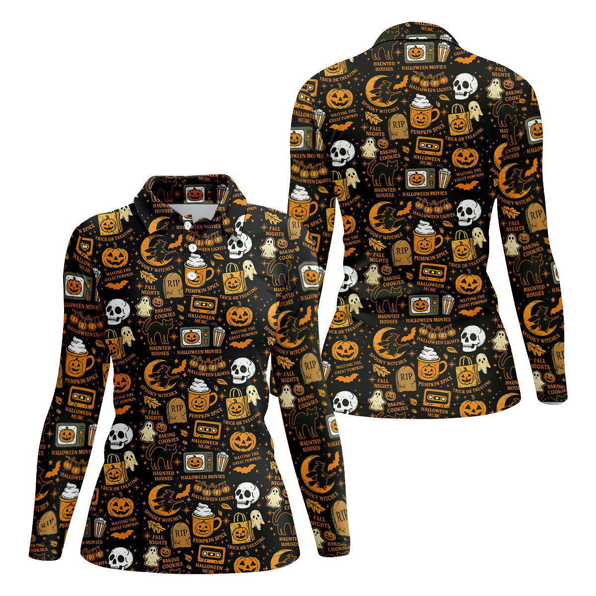 Vintage Halloween Cat Golf Polo Shirtloween Theme Shirts, Ghost Pumpkin Ladies Golf Shirts, Golfing Apparel