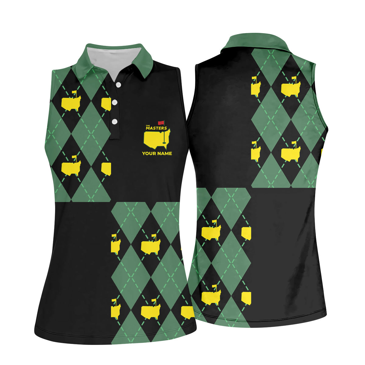 Green and Black Argyle Golf Shirt, Women Golf Top, Ladies Sleeveless Polo, Women's Polo Shirt