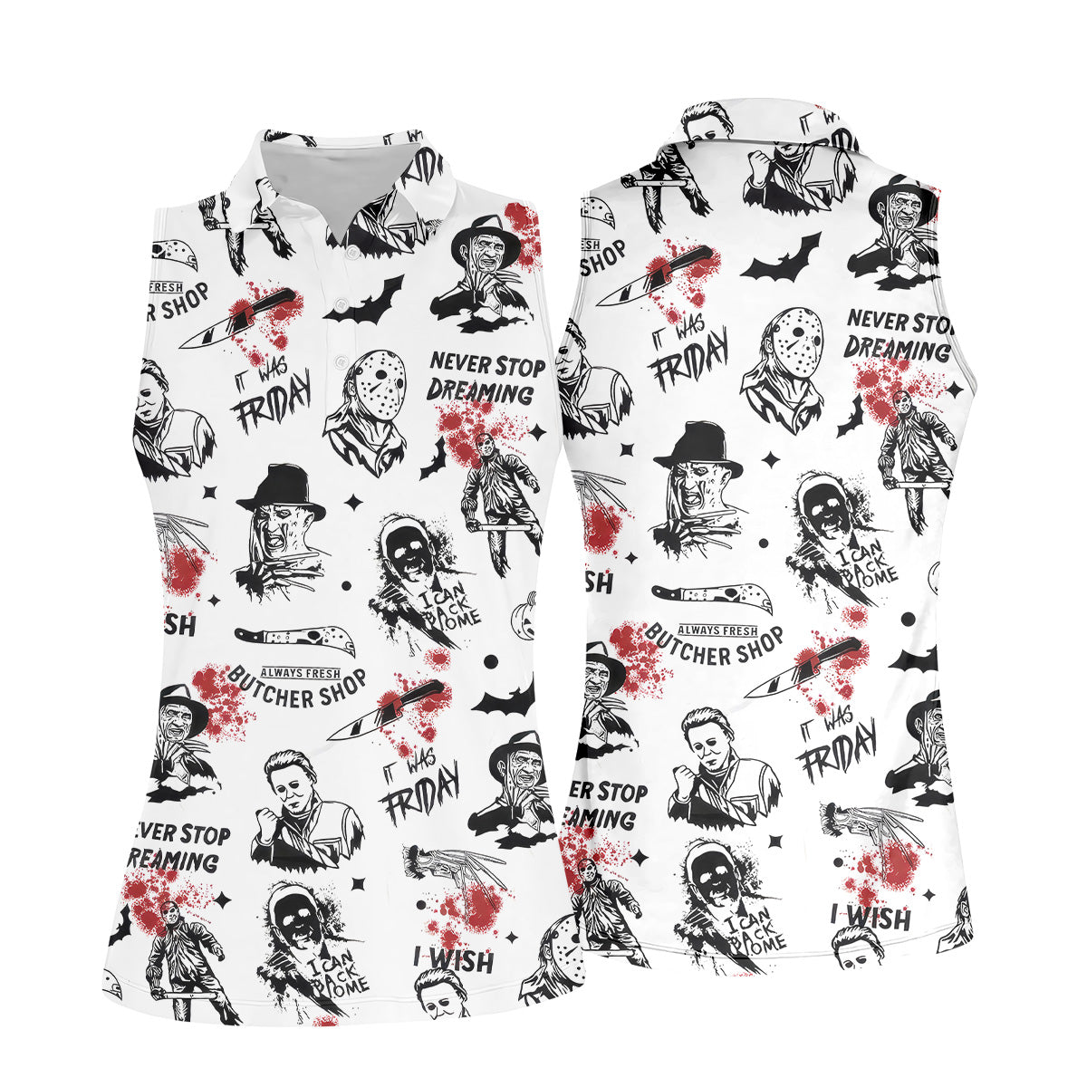Horror Halloween Character White Golf Shirt, Ladies Golf Tops, Women's Polo Shirt