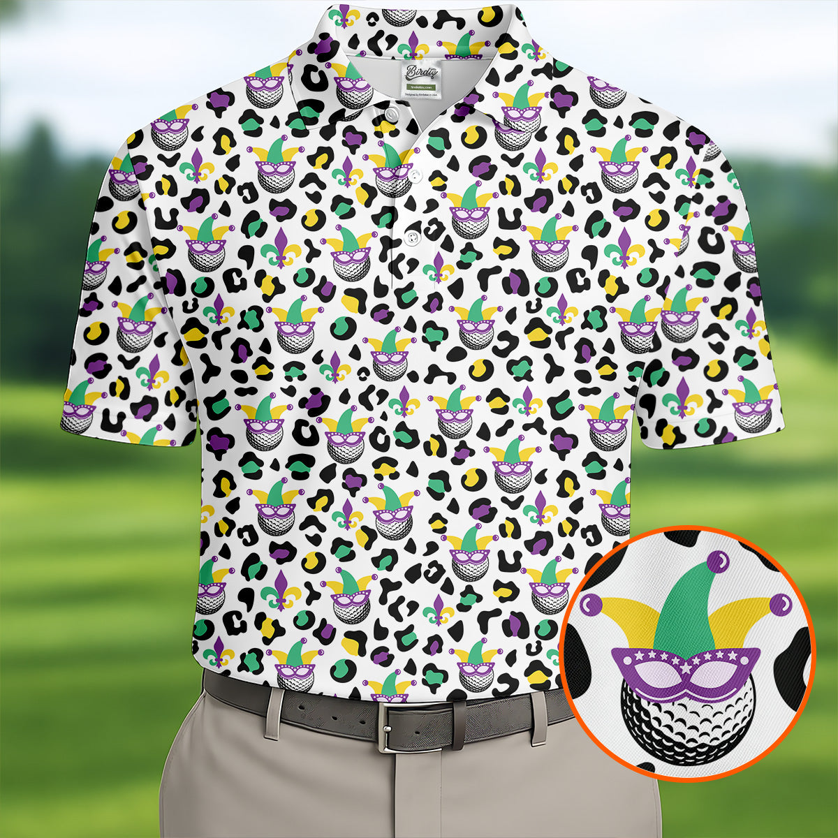 Mardi Gras Mask Leopard Spots Funny Golf Ball Golf Tops For Men, Polo ShirtFor Men, Golf Shirts For Men