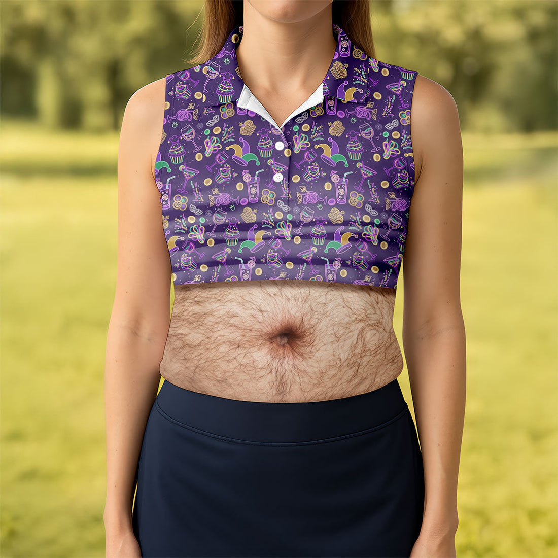 Purple Green Gold Mardi Gras Food Funny Tummy Women's Golf Tops, Fun Women's Golf Shirts, Ladies Golf Shirt