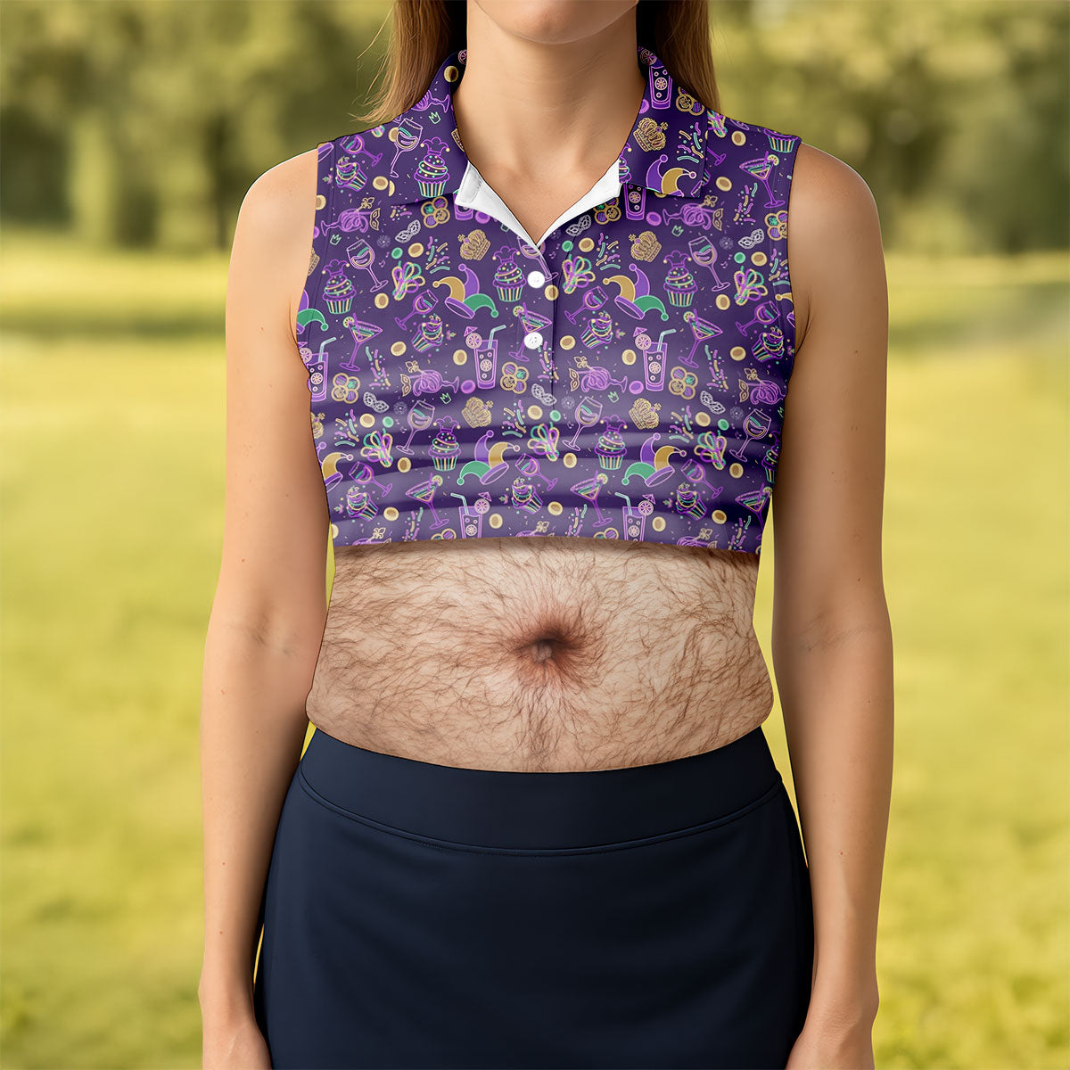 Purple Green Gold Mardi Gras Food Funny Tummy Women's Golf Tops, Fun Women's Golf Shirts, Ladies Golf Shirt