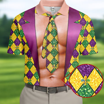 Green Purple Gold Argyle Pattern Fun Suit Mardi Gras Print Golf Shirt, Fun Golf Shirts For Men, Polo For Men