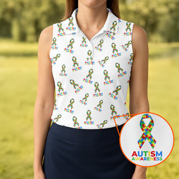 Autism Awareness Colors Autism Ribbon White Golf Shirt, Women's Golf Tops, Ladies Golf Polos