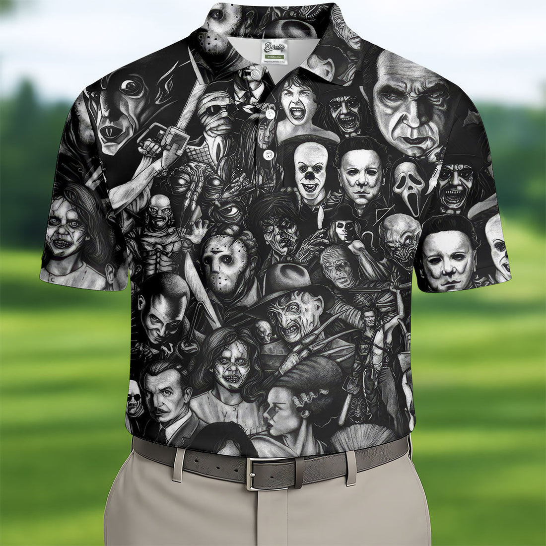 Classic Horror Characters Black And White Golf Polo, Dark Vibe Polo ShirtFor Men, Halloween Golf Shirt