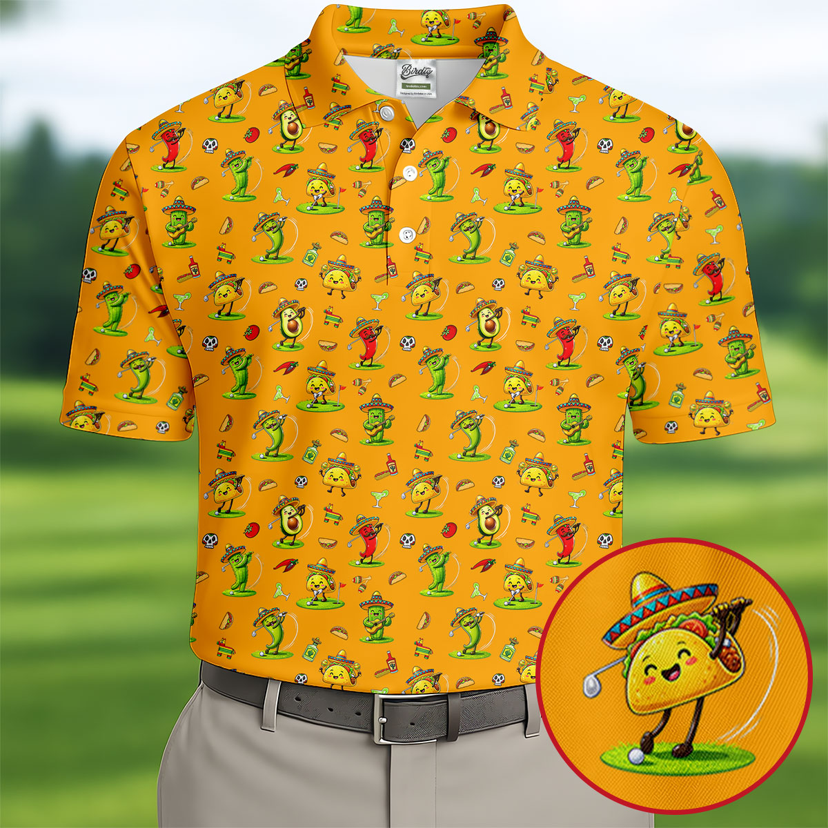 Mexican Cartoon Food Characters Cinco De Mayo Celebration Fiesta Themed Yellow Golf Shirts For Men