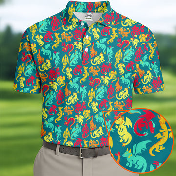 Cartoon Dragons Colorful Golf Shirt, Cute Golf Outfit, Polo Shirt Men, Golf Shirts For Men