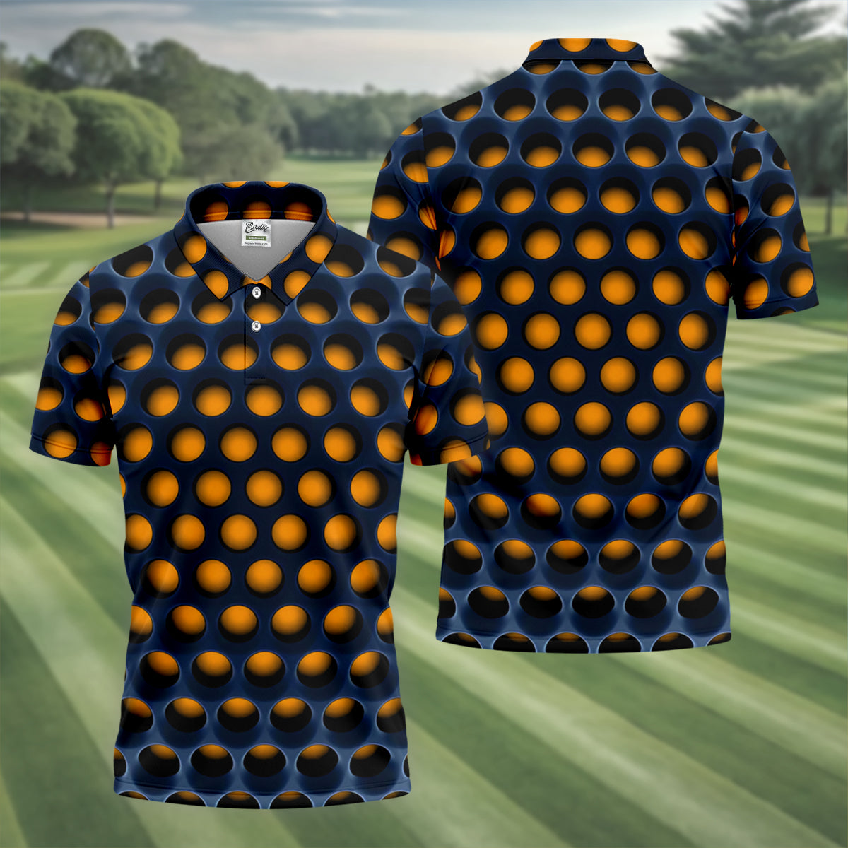 3D Effect Circular Pattern Orange Golf Shirt, Cool Golf Outfit, Men's Funny Golf Shirts, Polo Shirt Men