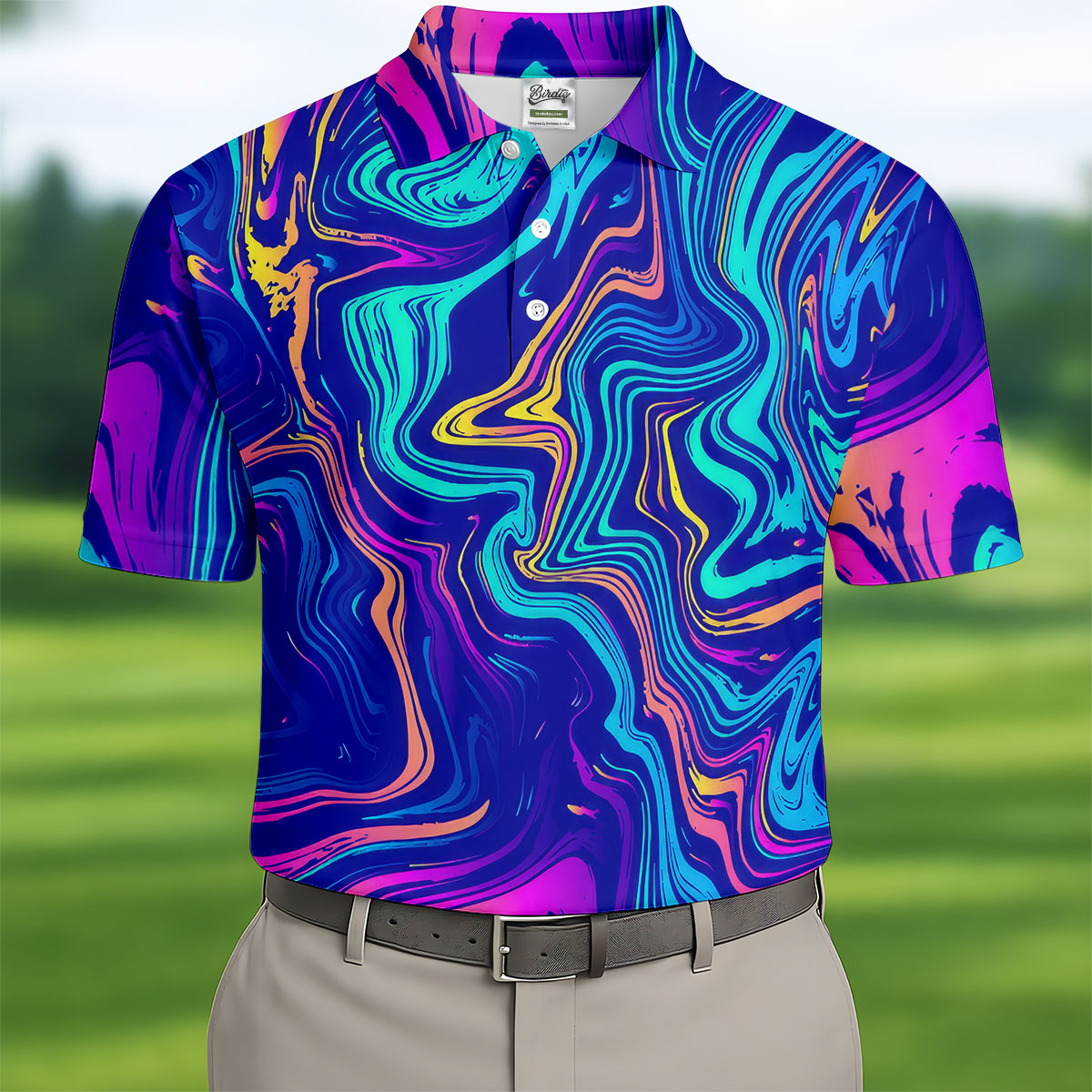 Vibrant Abstract Liquid Pattern Golf Shirt, Mens Polo Shirt, Performance Golf Shirt, Hawaiian Golf Shirt