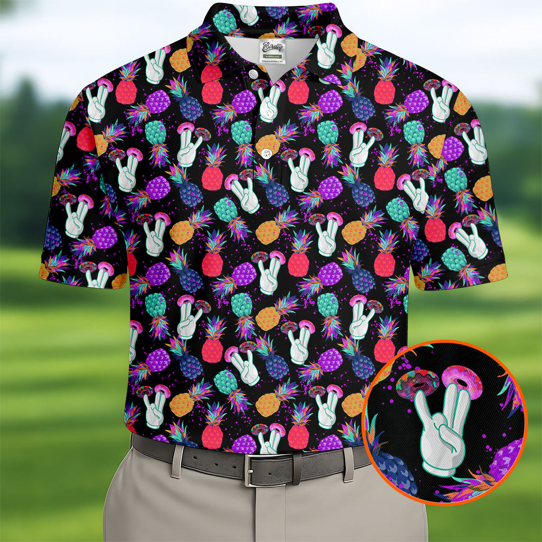 Hawaiian Pineapples Donut Finger Turquoise Orange Purple Fun Golf Shirts For Men, Polo ShirtFor Men