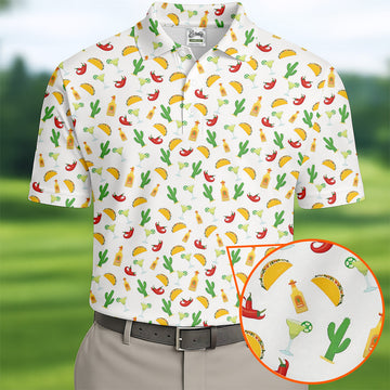 Tropical Vibe Hawaiian Pattern White Golf Shirt, Golf Tops For Men, Golf Gift For Men