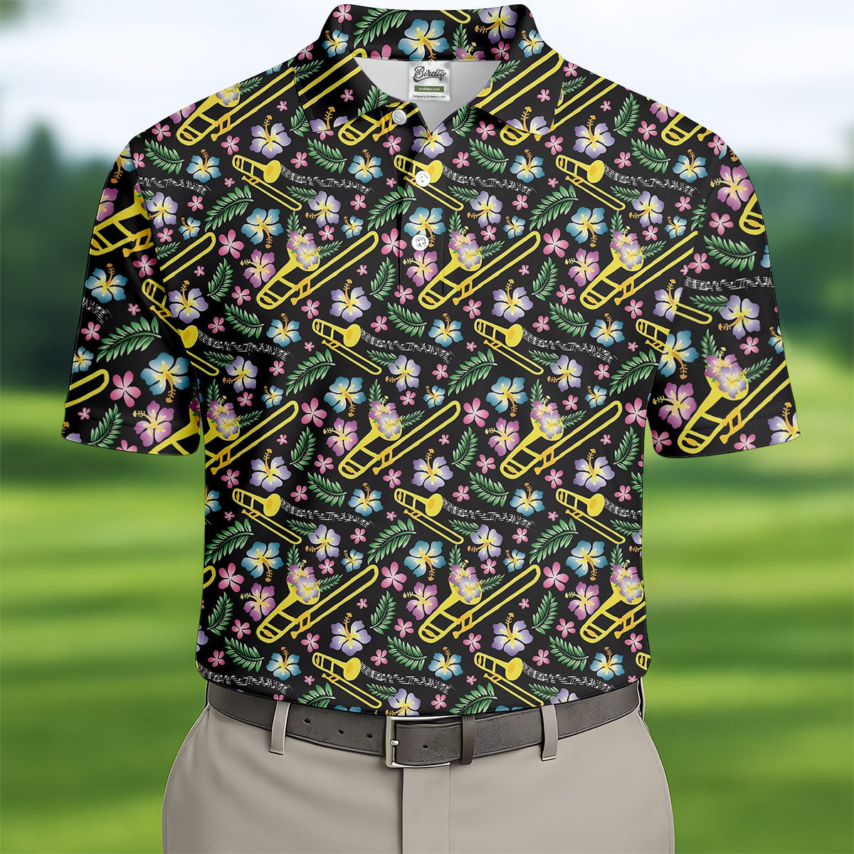 Trombones Floral Tropical Vibe Golf Tops For Men, Polo ShirtFor Men, Golf Shirts For Men