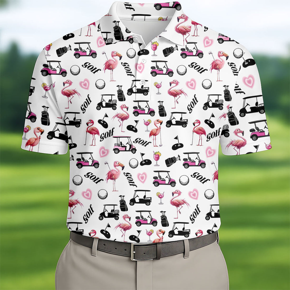 Pink Flamingo Golf Cart Martini Hawaiian Golf Shirt, Mens Golf Polo, Printed Golf Shirts