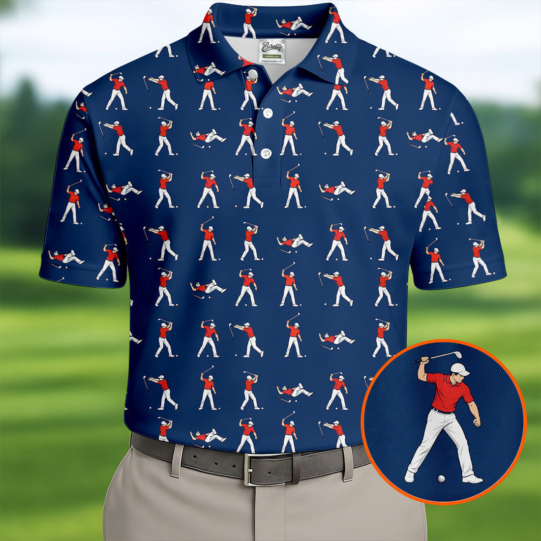 Cartoon Figures Golf Pose Navy Golf Shirt, Golf Tops For Men, Polo ShirtFor Men, Golf Shirts For Men