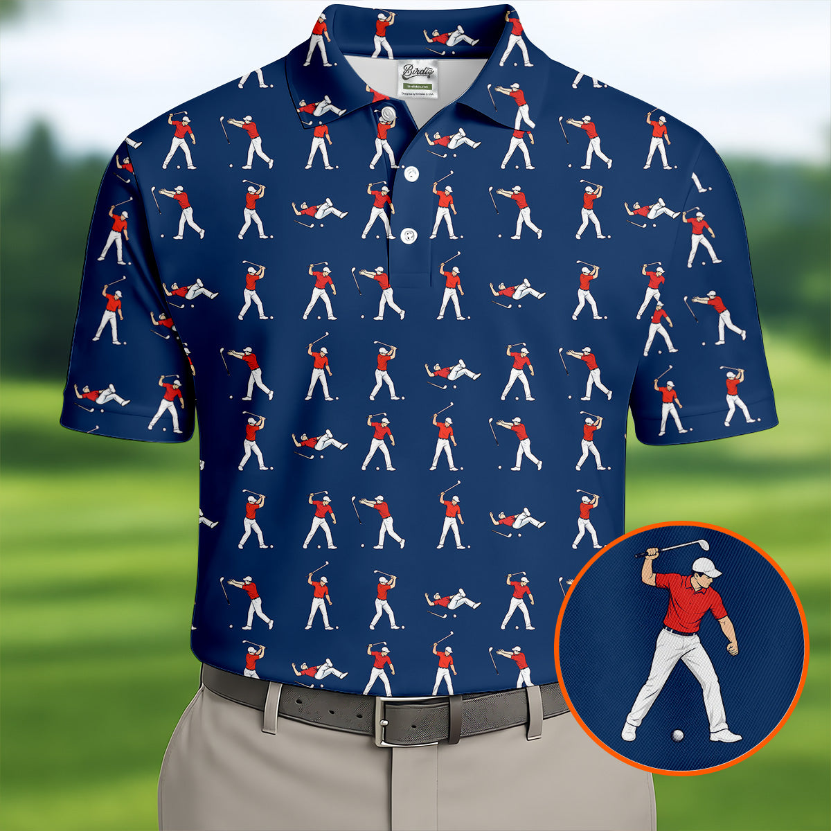 Cartoon Figures Golf Pose Navy Golf Shirt, Golf Tops For Men, Polo ShirtFor Men, Golf Shirts For Men
