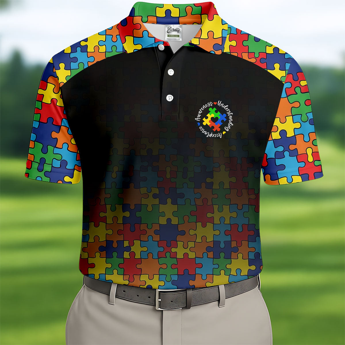 Acceptance Awareness Understanding Autism Awareness Puzzle Pattern Black Fade Golf Shirts For Men